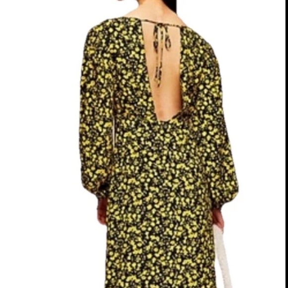 NWT Topshop Floral Godet Twist Back Long Sleeve Midi Dress Yellow Black Size 6 - Picture 5 of 7